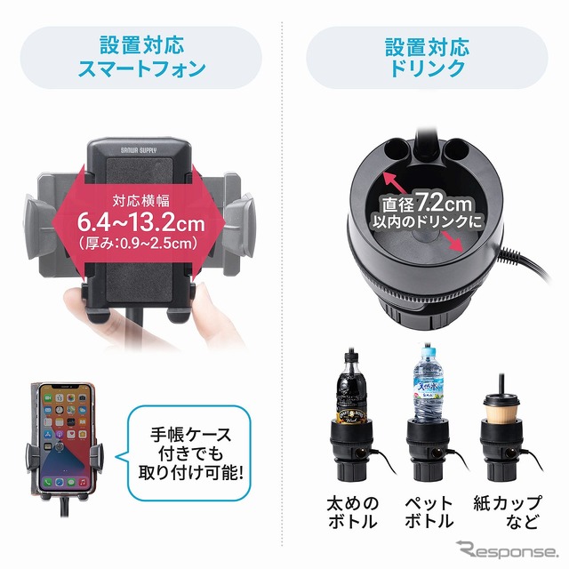 スマホ車載ホルダー ドリンクホルダー固定 フレキシブルアーム カップホルダー付き