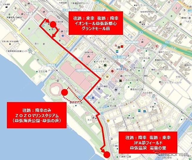 自動運転車がイオンモール幕張新都心～ZOZOマリンスタジアム～JFA夢フィールド幕張温泉湯楽の里を実証運行