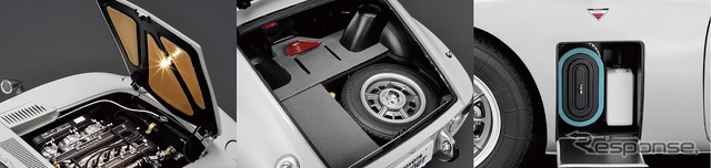 ボンネットにはエンジンルームが確認できるランプが点灯。リアハッチも実車同様に支持棒で固定できる