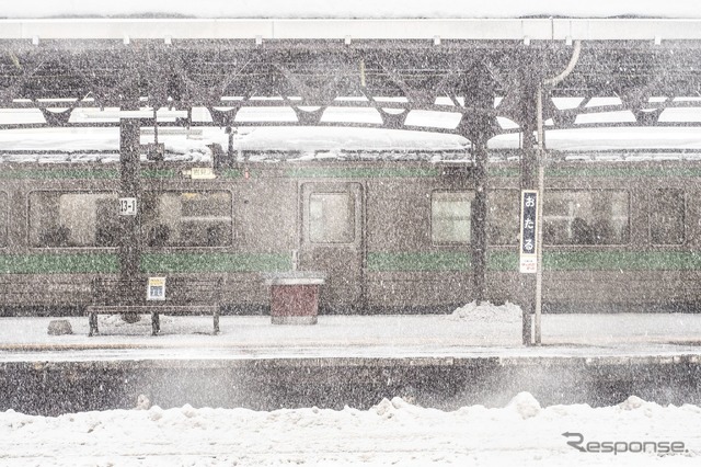 湿った降雪が続く小樽駅（1月12日12時頃）。倶知安方面へは12時34分発から運行を再開しているが、札幌方面へは千歳線で運行を見合わせている関係で、大幅に減便されている。