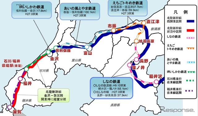 北陸新幹線の並行在来線。紫の破線が福井県内の並行在来線。