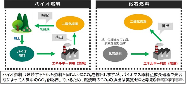 バイオ燃料と軽油などの化石燃料の違い。従来のバイオ燃料は軽油と混合できたが、異なる分子構造を持っていることから混合比率が5%以内に抑えられていた。しかし次世代型では軽油と同じく分子構造に炭化水素を持つため、軽油と同じ取扱いが可能となり、従来型にある混合比率の制約を解消することが可能になるとされている。