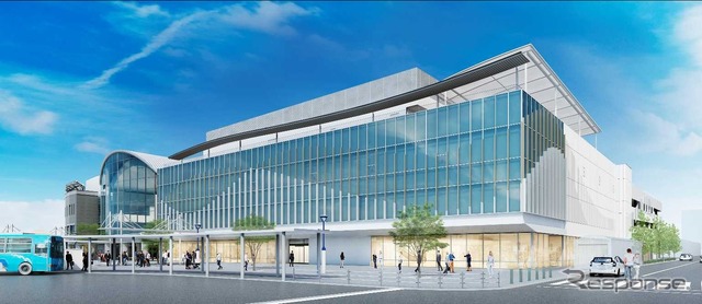 北東側から見た高松駅ビル(仮称)のイメージ。奥が駅舎部分の既存棟。