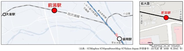 前潟駅の位置。イオンモール盛岡の北側に位置する無人駅。盛岡駅からひとつ目の駅となる。