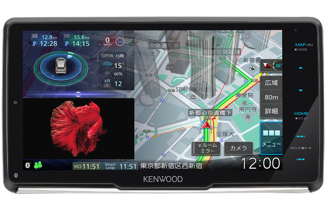 市販AV一体型ナビの一例(ケンウッド・彩速ナビ MDV-M908HDF)。