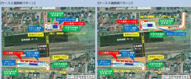 長万部町が検討している2パターンの新幹線駅周辺整備案。