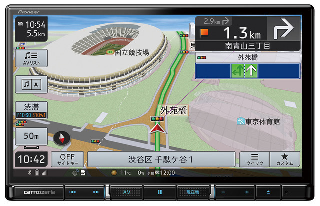 「サブウーファー出力」が装備されている市販AV一体型ナビの一例(カロッツェリア・楽ナビ AVIC-RL912)。