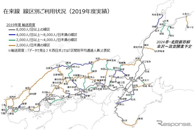 JR西日本における2019年度の輸送密度。輸送密度2000人未満線区が中国地方に集中している。