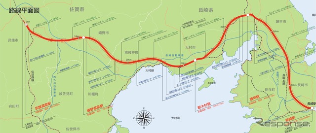 西九州新幹線武雄温泉~長崎間の路線平面図。