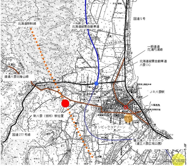 新八雲駅（仮称）の位置。