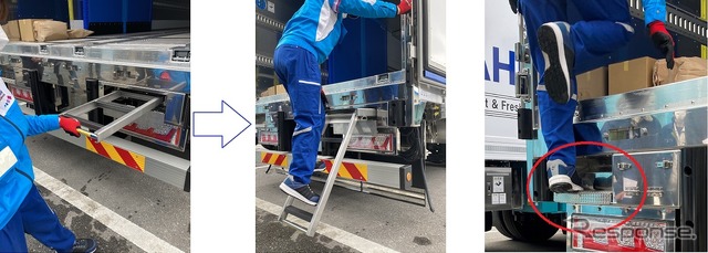 アサヒロジスティクス Bies Liner（ビィズライナー）専用車：コンテナ昇降用ステップ。引き出し式と埋め込み式