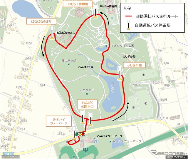 ⾛⾏ルート: みぶハイウェーパークを基点に、わんぱく公園内の「ふしぎの船」、「おもちゃ博物館」、「ぱなぱなのまち」等を経由する周回ルート（約2.2km）