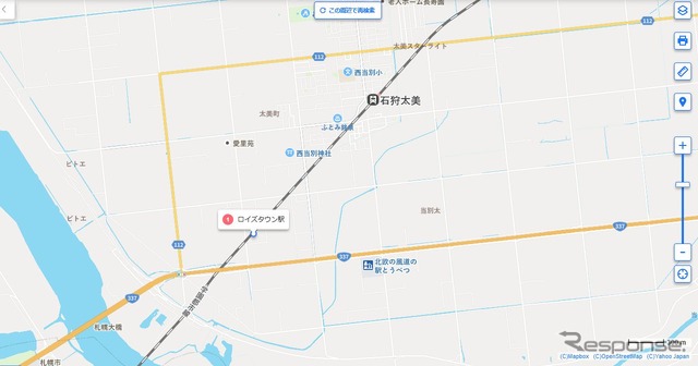 PC版Yahoo! MAPの画面。すでに3月12日のダイヤ改正で札沼線(学園都市線)に開業するロイズタウン駅の位置が表示されている。