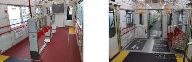 20系ではバリアフリー化にも力が入れられており、先頭車には車椅子やベビーカー、大型荷物利用者に配慮した「おもいやりエリア」(左)が、全車に車椅子、ベビーカー用スペース(右)が設けられている。