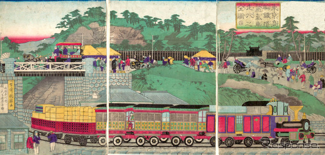 鉄道開業当時を描く浮世絵、東京・高輪付近(1873年ごろ、歌川国輝)