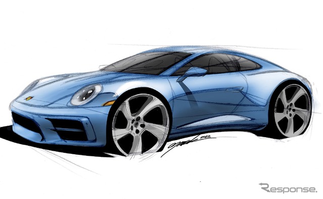 映画『カーズ』の「サリー・カレーラ」の実車化モデルのスケッチ。最新ポルシェ911ベース