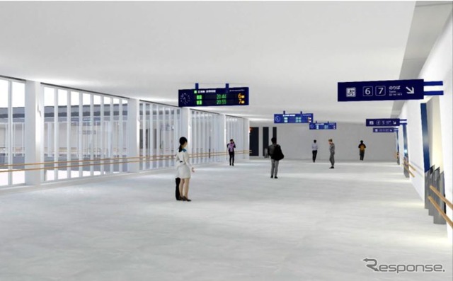 在来線への南北乗換え跨線橋のイメージ。長さは約60m、通路幅は約9m。
