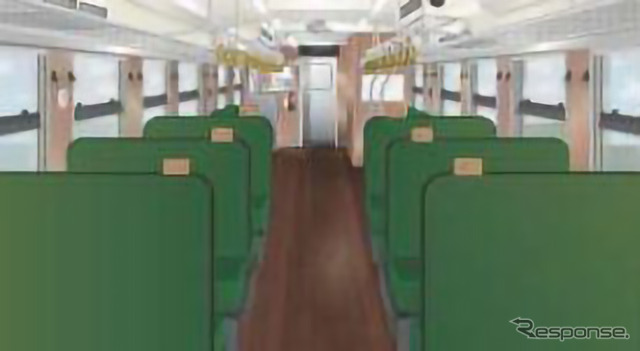 車内のイメージ。岡山県北部の山や自然をモチーフにグリーンやブラウンを基調とした落ち着いたもので、各座席にはテーブルが設けられる。