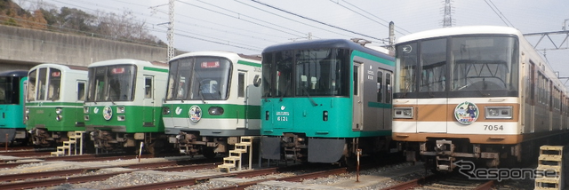神戸市営地下鉄西神・山手線用の車両群。左から3番目が2000形。その右隣の3000形はすでに引退しており、残る最古参の1000形(左から2番目)もまもなく淘汰。その後の西神・山手線は6000形(右から2番目と左端)と北神急行電鉄から譲渡された7000形(右端)の2形式となる。