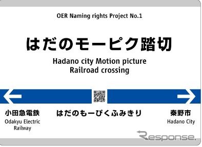 東海大学前1号踏切に掲出されるネーミングライツの愛称板。