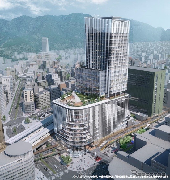 JR三ノ宮駅新駅ビルのイメージ。敷地面積約8600平方m、延床面積約10万平方m。地下2階、地上32階、塔屋2階の規模で、高さは約160m。