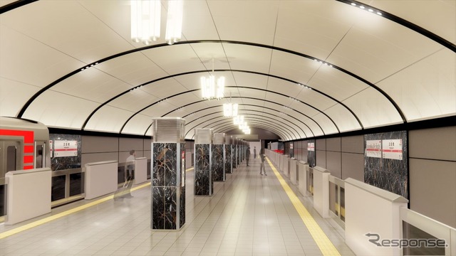 「アーチ構造の象徴」をコンセプトとした御堂筋線淀屋橋駅のリニューアルデザイン。大阪の政治や経済を支えてきた淀屋橋の伝統と格式を、重厚感のある石材やモノトーン基調で表現。