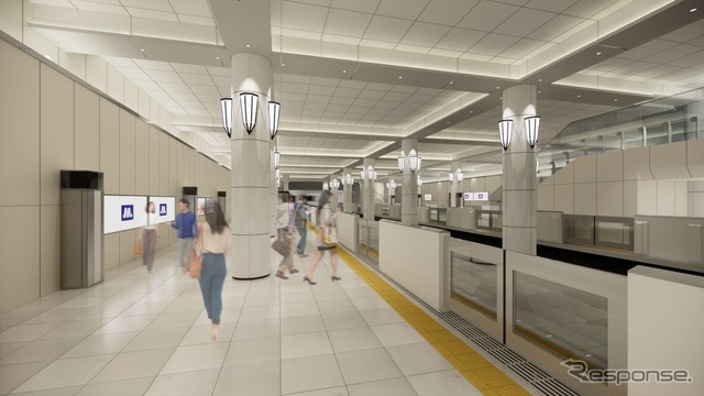 「柱の美、格子の美、光の美」をコンセプトとした御堂筋線天王寺駅のデザイン。天井のグリッドと連続する柱を照明で際立たせることで、よりクリーンで立体感がある柔らかな空間に仕上げられる。