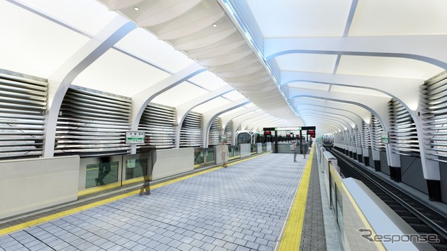 中央線大阪港駅は、駅舎に大海原を泳ぐ大きな海洋生物をイメージ。ホームの屋根は膜構造の透過性や質感を活かしつつ、曲線を効果的に用いる。