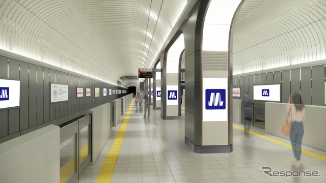 「インターセクション」をコンセプトとした御堂筋線本町駅のリニューアルデザイン。中央線と交わる同駅は、2025年に開催される大阪・関西万博とその先の未来をつくることをコンセプトに高い機能性と象徴性を調和させる。イメージは御堂筋線のホームで、ダブルアーチの天井と柱の造形が活かし、高級感のある素材と最新の照明により、モダンとクラシックが共存するデザインとされる。