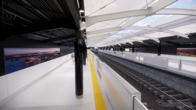 「ステーション アート」をコンセプトとした中央線弁天町駅のリニューアルデザイン。大阪・関西万博やIRなどで利用者が増加することを見込み、明るく使いやすい駅とする一方、アートを体感できるよう、大型のデジタルサイネージを用いて照明や映像による演出を加える。
