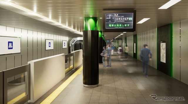 中央線本町駅ホームのリニューアルデザイン。御堂筋線のホームと同様、高級感のある素材と最新の照明が使われる。御堂筋線と連絡する通路や階段は、大阪・関西万博の流動を考慮しながら、段階的に改装される。