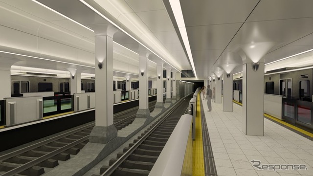 「地下構造が美しい駅」をコンセプトとした大国町駅のリニューアルデザイン。同駅は四つ橋線と同一階で交わる駅で、それを支える地下構造の美しさを強調。天井には美しさを際立たせるためのライティングが施される。