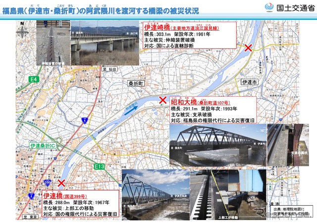 福島県の阿武隈川を渡河する橋梁の被災状況