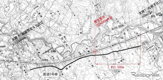 羊蹄トンネル比羅夫工区の位置（平面図）。