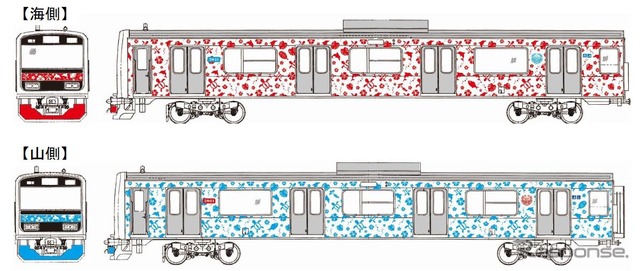 「アロハ電車」のデザイン。ハワイ語でウミガメを意味する「ホヌ柄」とされたラッピングには、ウミガメやイルカのほか、伊豆ならではのシークレットキャラクターも入るという。前面スカートにも配色されており、伊東方が青、伊豆急下田方が赤となる。