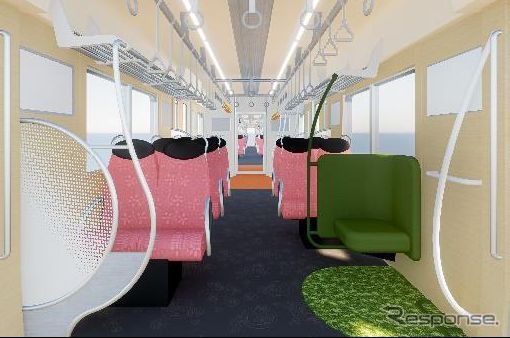デュアルシートとなる車内は木目調の壁と花柄の座席を採り入れ、明るく優しいムードに。抗菌・抗ウイルス対応で防犯カメラも設置される。