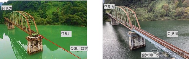 会津川口～本名間の第5只見川橋梁の被災時（左）と復旧時（右）。