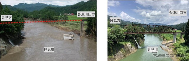 会津横田～会津大塩間の第7只見川橋梁の被災時（左）と復旧時（右）。