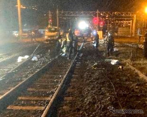 秋田駅構内での線路工事。