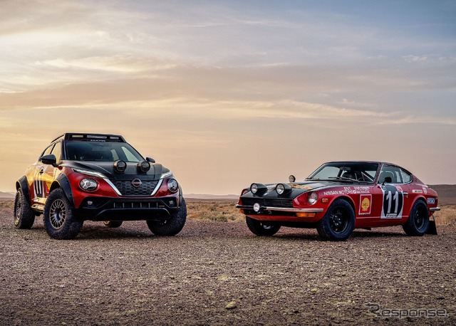 日産 ジューク・ハイブリッド・ラリー・トリビュート と1971年の東アフリカ・サファリラリーを制したダットサン『240Z』(日本名:日産『フェアレディZ』)