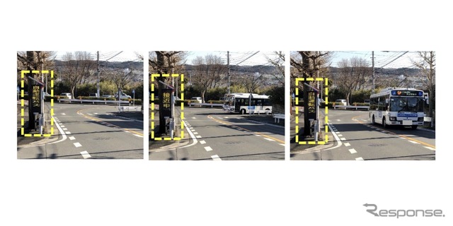 ICT 電光掲示板のイメージ：カーブ手前において、自動運転バスが近づくことを一般車両に知らせる。
