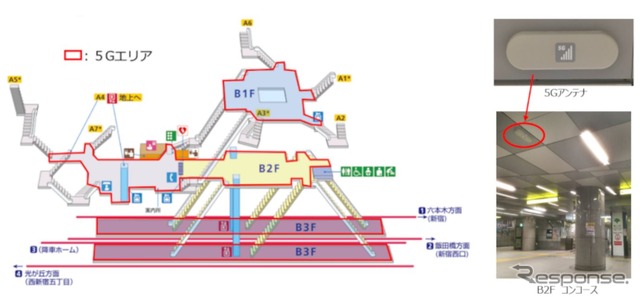 都庁前駅の5Gエリア（左）と地下2階コンコースに設けられた5Gアンテナ（右）。
