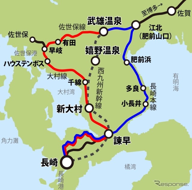 西九州を2日で1周する『ふたつ星4047』の運行ルート。西九州新幹線が山側を走るのに対して、『ふたつ星4047』は海側を走る。