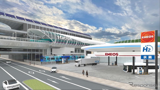 JR東日本とENEOSが共同で開発する総合水素ステーションのイメージ。電車のほか、バスやトラックを含めた燃料電池車や駅周辺施設へもCO2フリー水素を供給する総合的施設とすることが想定されている。