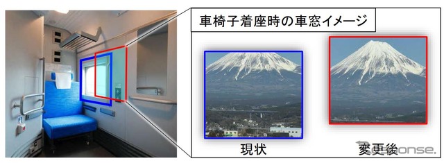 多目的室の改良点。車椅子のままでも景色を楽しみやすくなるよう、窓の位置が赤枠部分に移される。