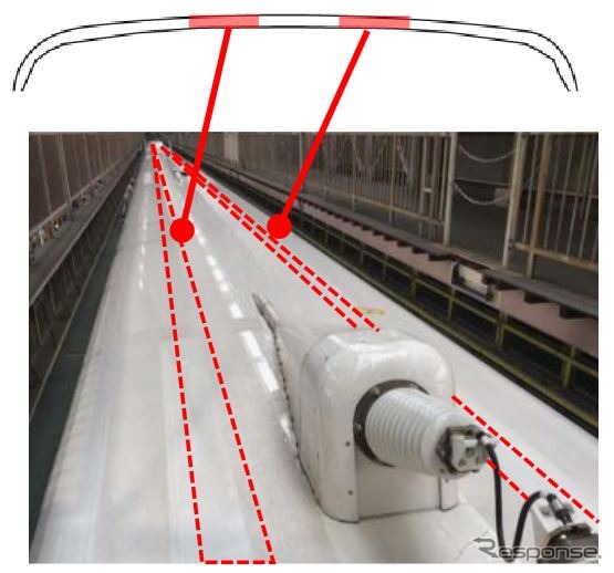 これまで車内の荷物棚に使われていたアルミスクラップは、増備車から屋根の一部（赤枠部分）にも使用されることに。