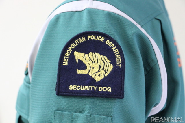 警備犬担当者がデザインしたというロゴ。「SECURITY DOG」という文字が犬の形になっている