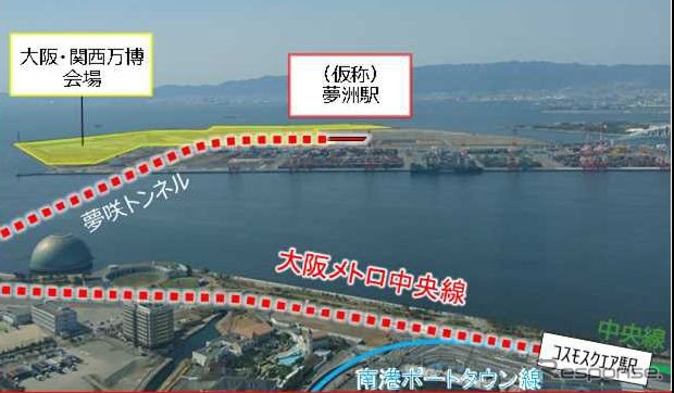 大阪メトロ中央線が乗り入れる大阪港トランスポートシステム北港テクノポート線の延伸ルート。海面下の夢咲(ゆめさき)トンネルを抜けて人工島にある夢洲駅へ至る。