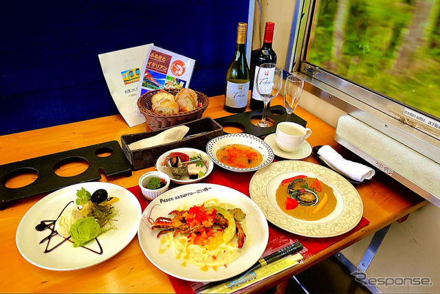 偶数月（8月）にレストラン列車で提供される「和風創作お箸deイタリアンコース」のメニュー（一例）。
