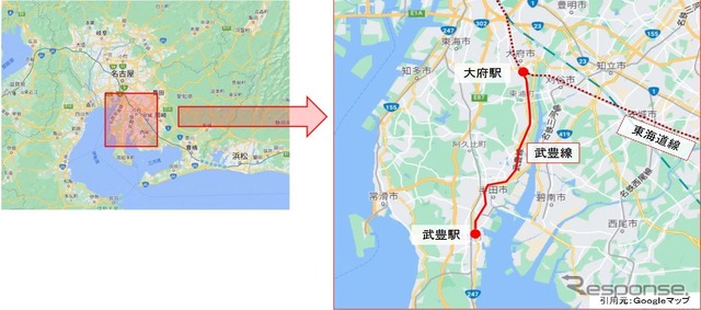 武豊線の位置。名古屋、岐阜、大垣への直通列車も運行されている。